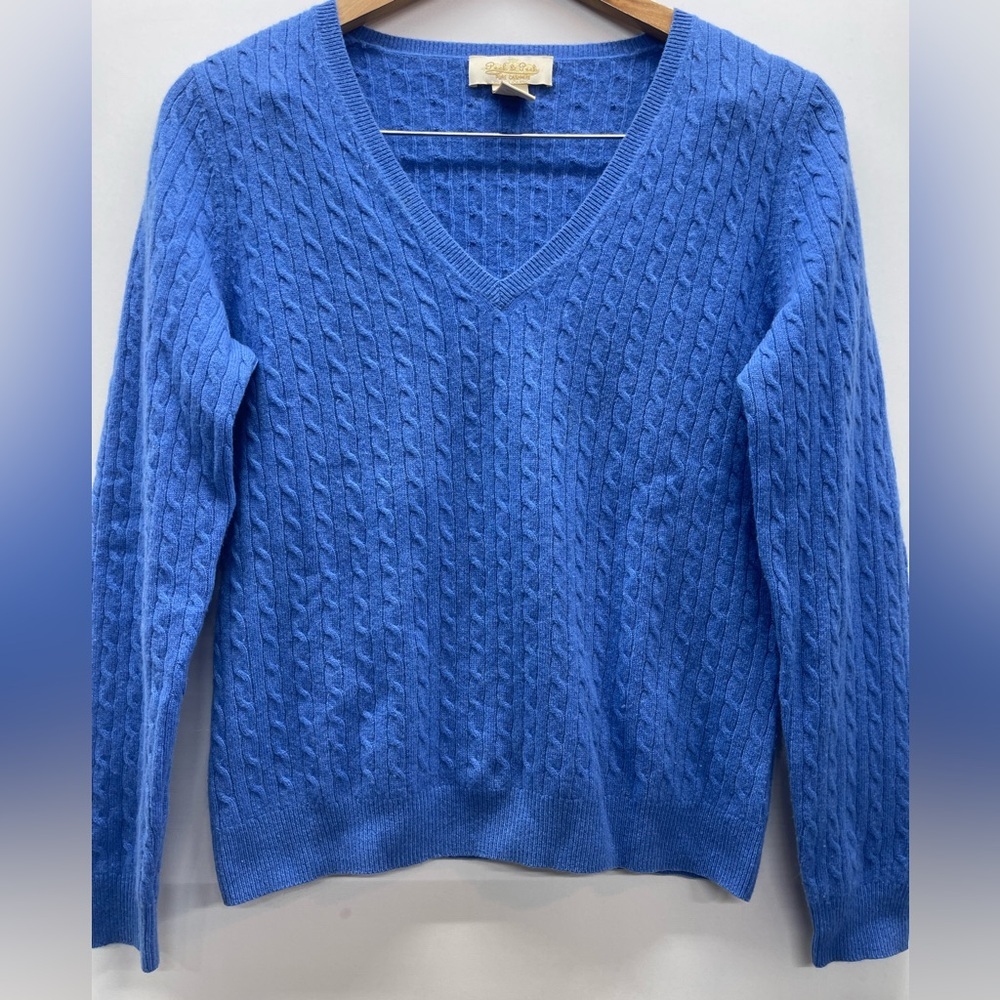 Peck & Peck Royal Blue V-Neck Cable Knit Cashmere Sweater - Picture 1 of 4